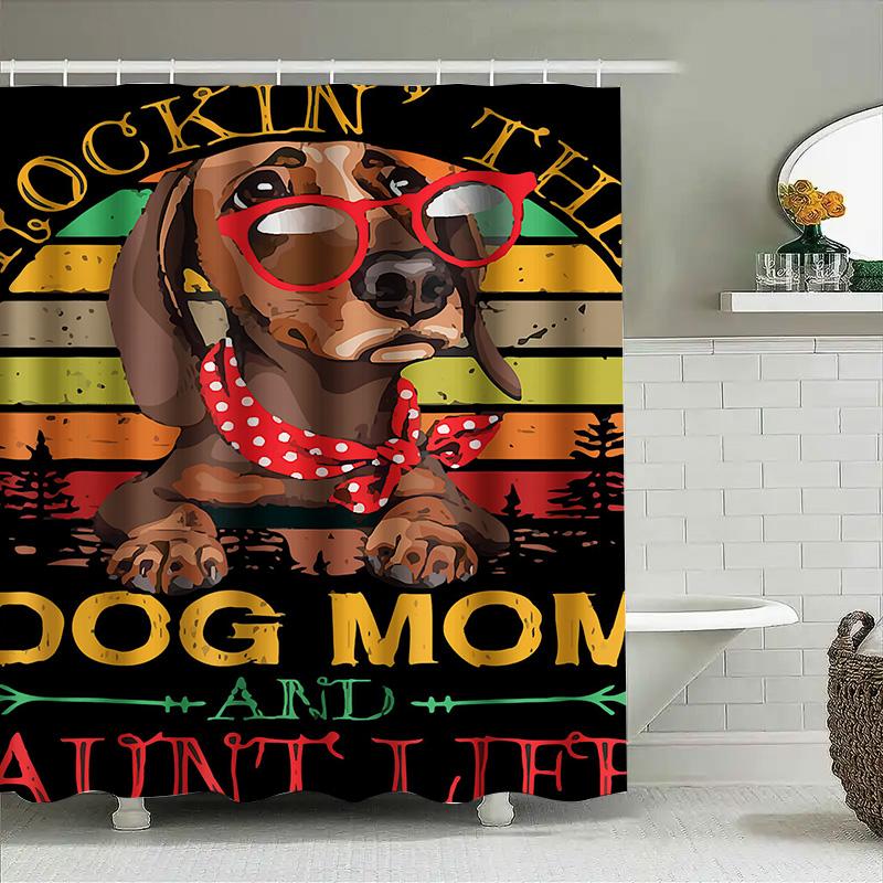 Vintage Rockin The Dog Mom Shower Curtain Hipster Decor For Your Bathroom With Red Glasses Polka Dot Bandana