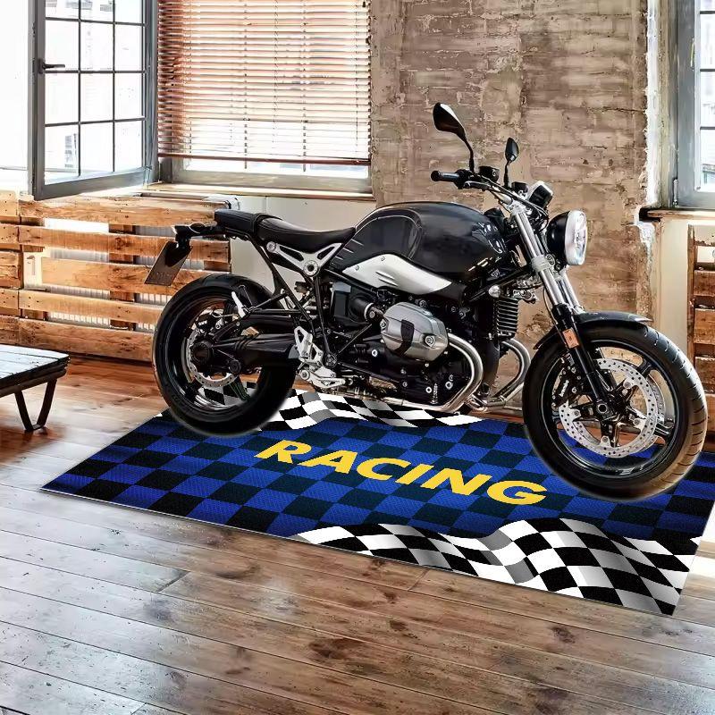 Racing Checkered Motorcycle Pit Mat Anti Slip Parking Rug For Garage Workshop Moto Display Floor Decor Carpet