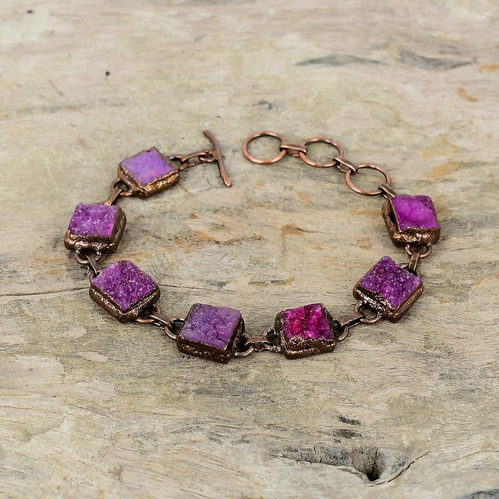 Pink Druzy Bracelet Electroformed Copper Bracelet Adjustable Chain Bracelet Electroformed Handmade Jewelry Gemstone Bracelet Gift For Mother