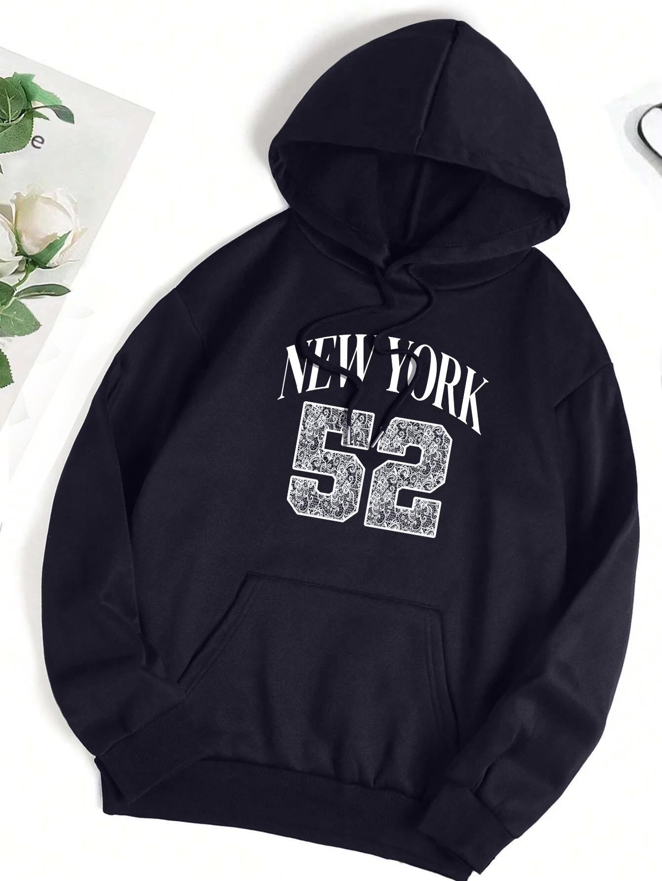 

New York Art Letter 52 Number Pattern Women Hoodie Autumn Loose Hoodies Casual All-Match Streetwear Fleece Pocket Woman Hoody 3XL