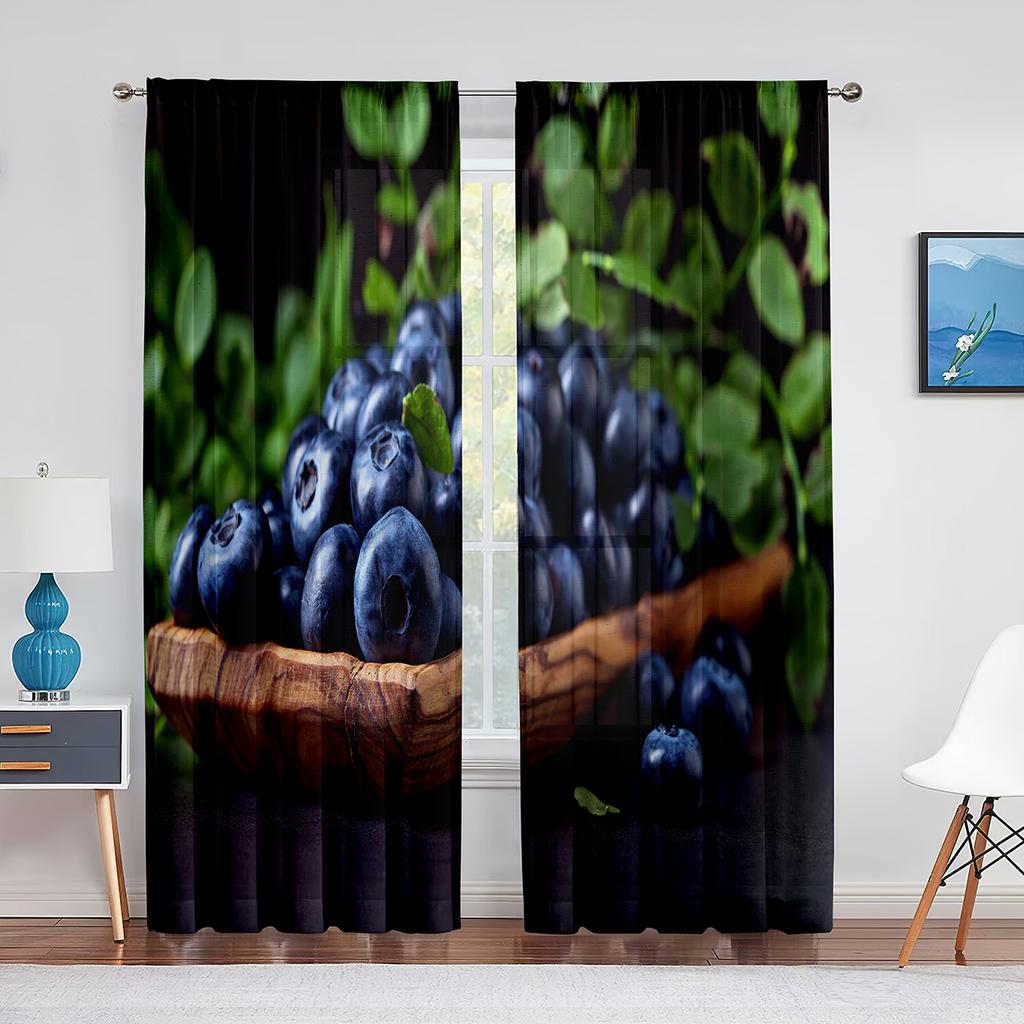 Blueberries Fruit Green Leaf Tulle Curtains for Living Room Bedroom Decoration Chiffon Sheer Voile Kitchen Window Curtain Drapes