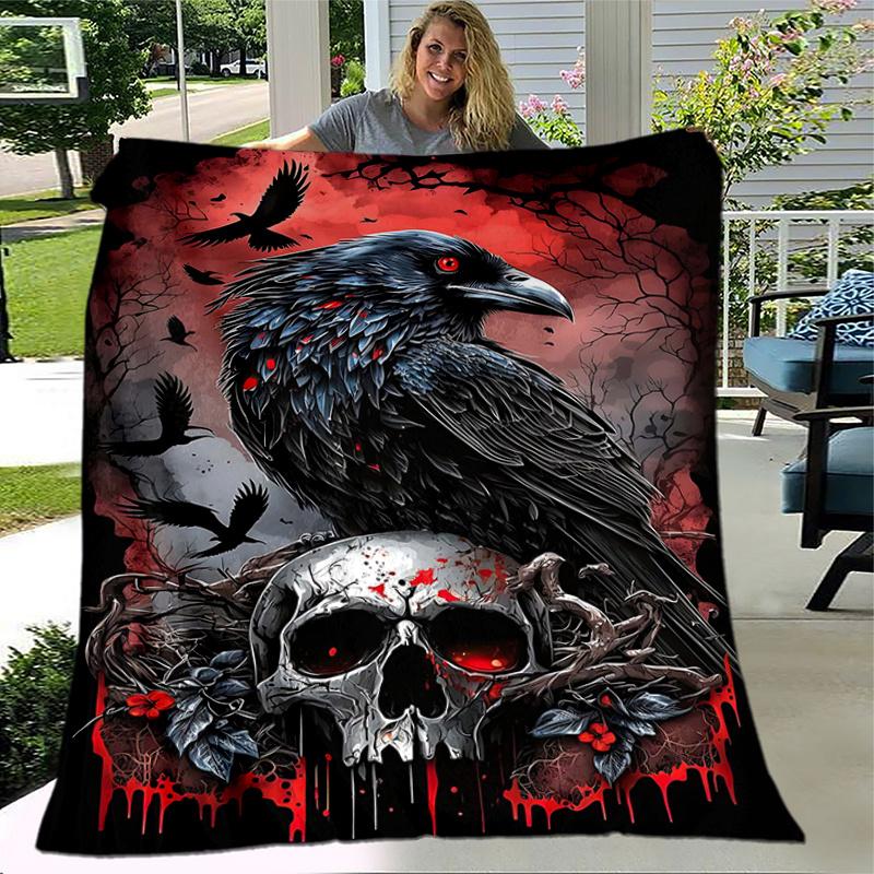 1pc Crow and Skull Blanket Soft Throw for Room Decor, Perfect Gift for and , Living Room .K027