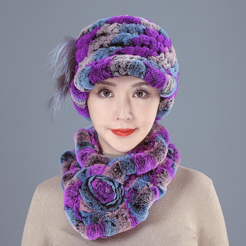 New Rex rabbit hair hat women's autumn and winter ear protection fur woven real hair medium and old thickened versatile scarf set