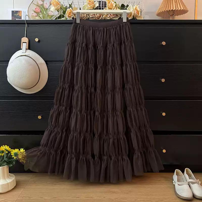 Qooth Korean Soft Style Pleated Tulle Fluffy High Waist A-Line Maxi Skirt Flowy Draped Full Flare Half Skirt for Women QT2969