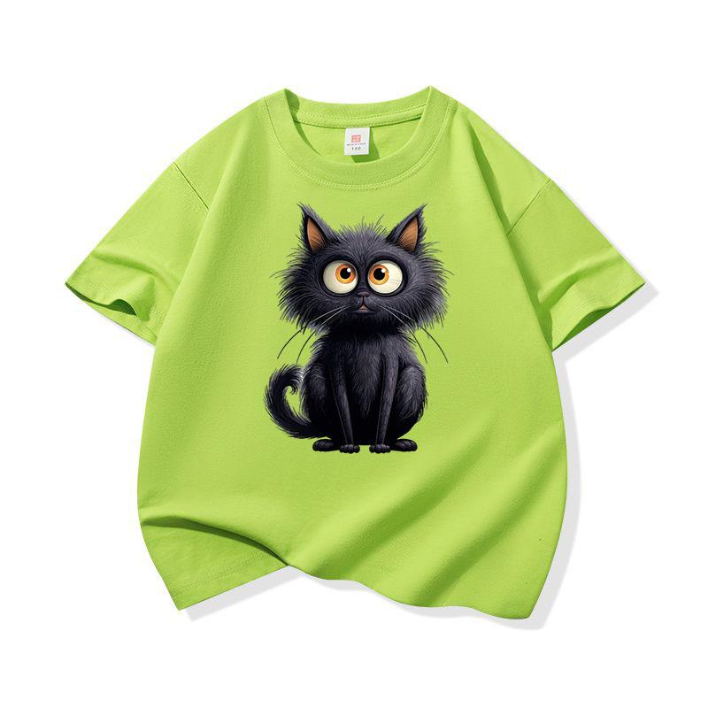 Cute Black Cat Graphic Tee Kids 100 Cotton Crew Neck Casual Breathable T Shirt Short Sleeve Muticolor Tops For Sweet Girls Boys