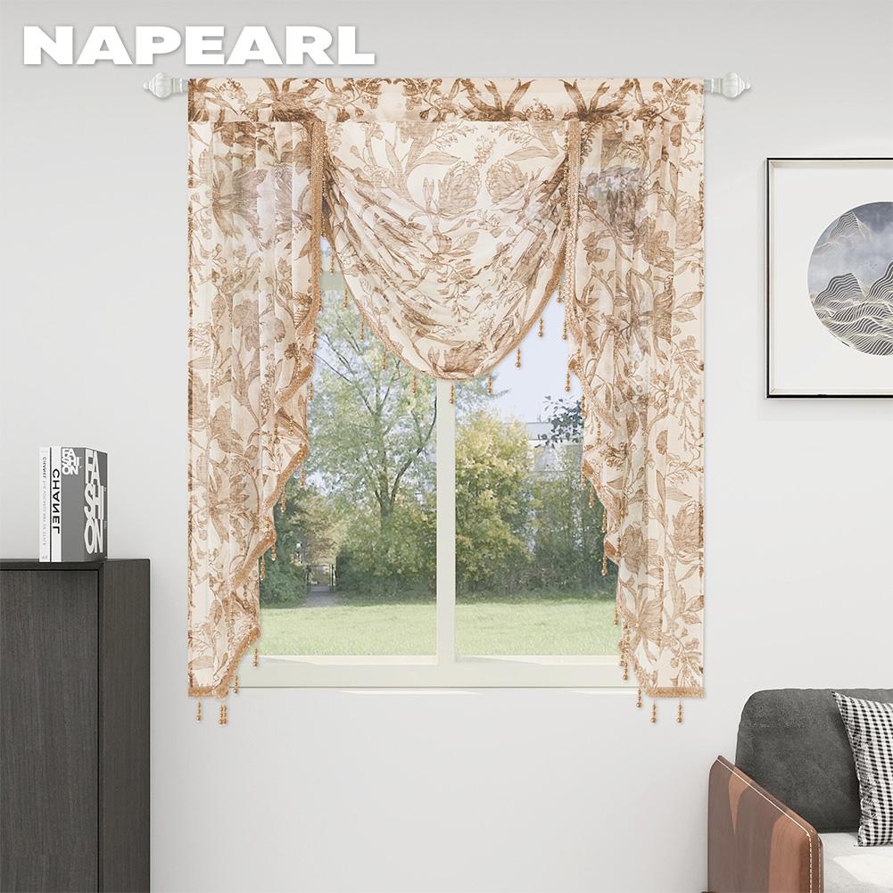 1PC NAPEARL Retro High-end Bead Lace Edging Printed Sheer Curtain Head for Kitchen Bedroom Living Room Window Decoration