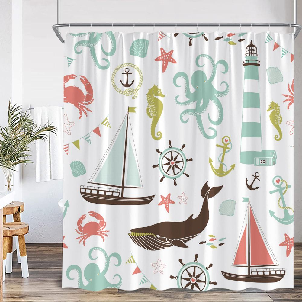 Cartoon Ocean Animals Kids Shower Curtains Tropical Fishes Coral Starfish Shell Bathroom Decorations Funny Children Bath Curtain