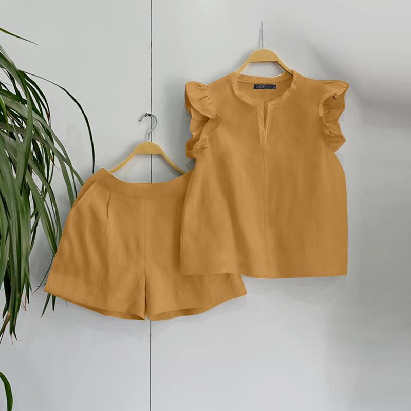 

ZANZEA Женские летние комплекты из кружевного жилета с коротким рукавом и V-образным вырезом и шортами M коричневый