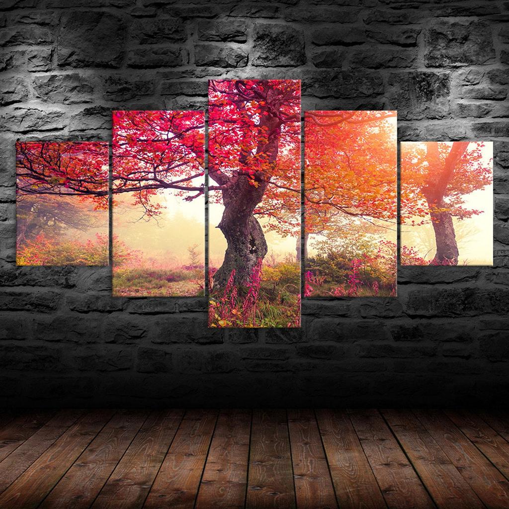 Autumn Trees Purple Red Scenery Canvas 5 Piece Five Panel Wall Print Modern Art Poster Home Decor Gift For Him For Her