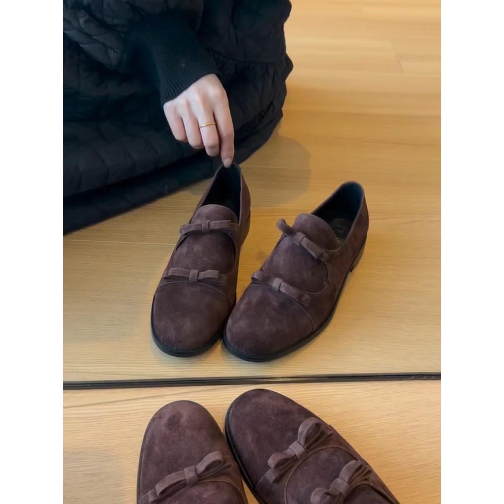 Cowhide Version~ Bow Small Leather Shoes Women's Thick-soled Inner Height Increase Leather Black Low-heeled Single Shoes