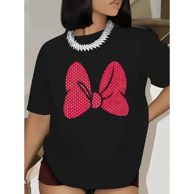 Women casual short sleeve T-shirt bow print-lightweight durable suitable for family or restaurant fashion multifunctional top