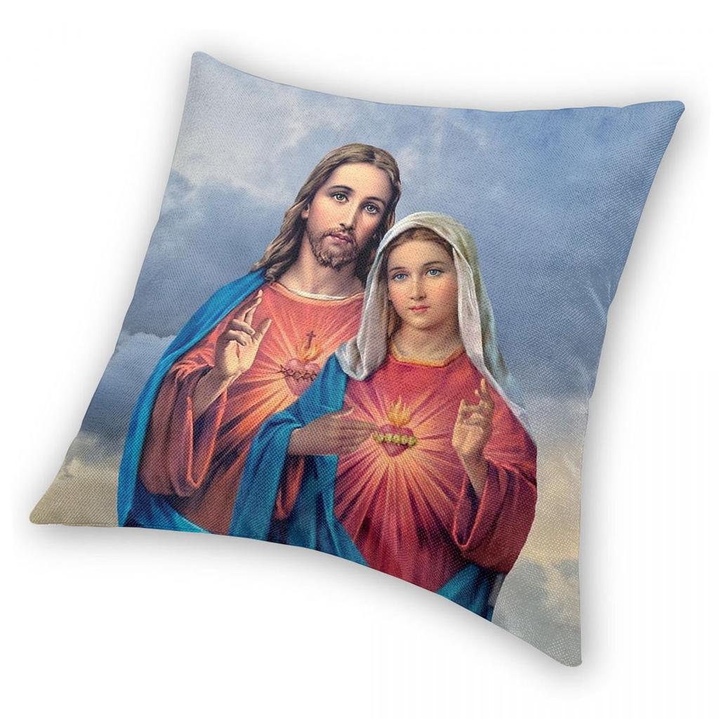 Twin Hearts Close Jesus Mary Square Pillowcase Polyester Linen Velvet Pattern Zip Decor Car Cushion Cover
