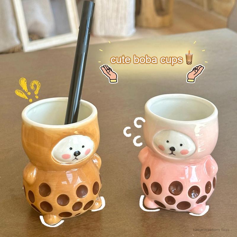 Cute Boba Bear Coffee Cup With Straw Aesthetic Ceramic Mug For Bubble Milk Tea Water Juice Mocha Lover Breakfast Cup Gift 280ml Pink NO Straw жёлтый