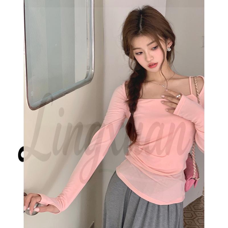 

2026 Spring/Summer Women s Cutout Long Sleeve Slimming Top - Sweet Spicy Style Small рожевий