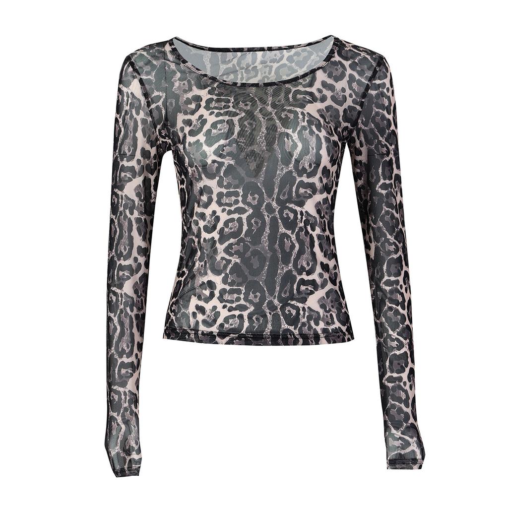 Style européen et américain automne nouveau vêtements pour femmes imprimé léopard maille perspective col rond manches longues haut T-shirt coupe ajustée