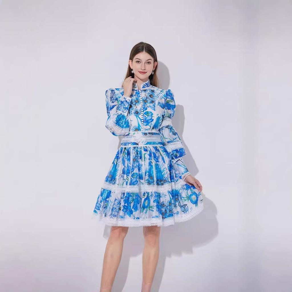 European and American New French Elegant Lace Waist Lantern Sleeve Dress