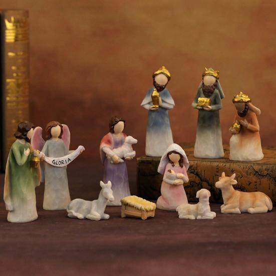 12Pcs LED Nativity Scene Set Resin Christmas Manger Angel Figurines with Star Light Holiday Tabletop Decor for Home Church