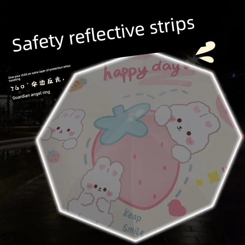 Strawberry Rabbit Safety Anti-Rebound Kids Umbrella Primary School Girls Rain and Rain Dual-Use School Dedicated Foldable Self-Opening Umbrella
