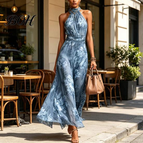 Halter Neck Dress Floral Chiffon for Women, Sleeveless Ruched Maxi Green Print Dress, Turtle Wedding Guest Cocktail Evening Waist Slimming