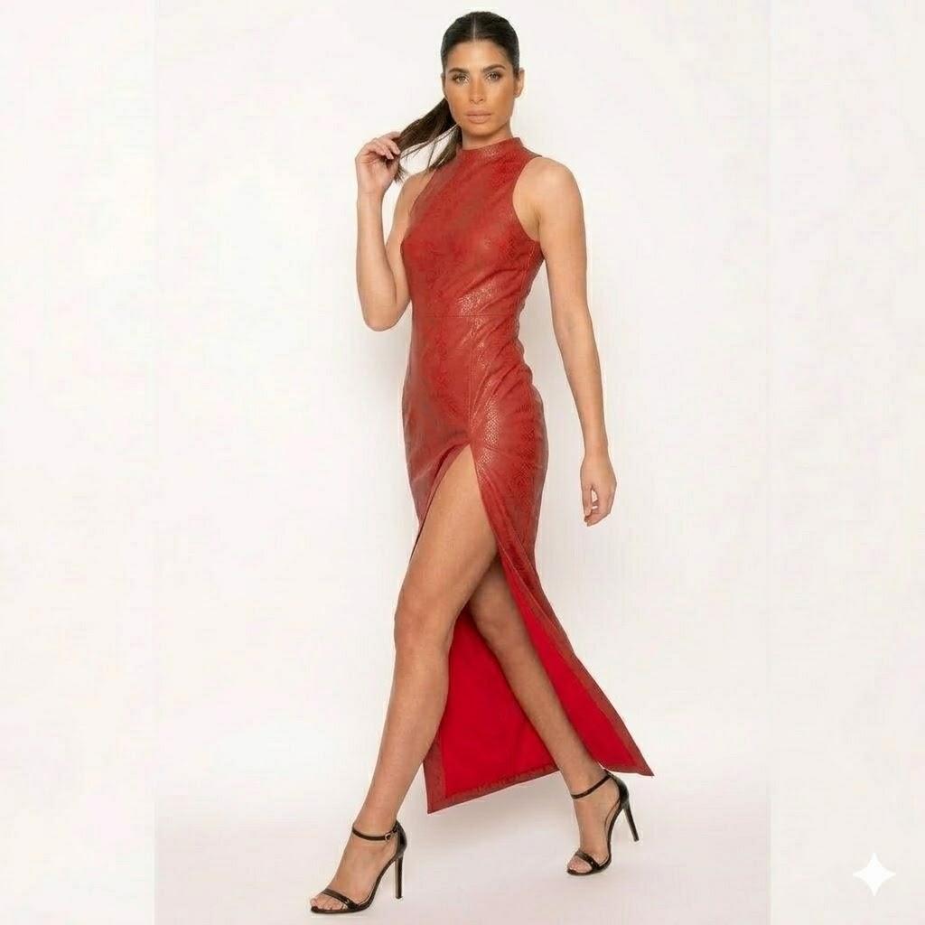 Stylish Cocktail Party Handmade Designer Women's Red Leather Dress Fashionable