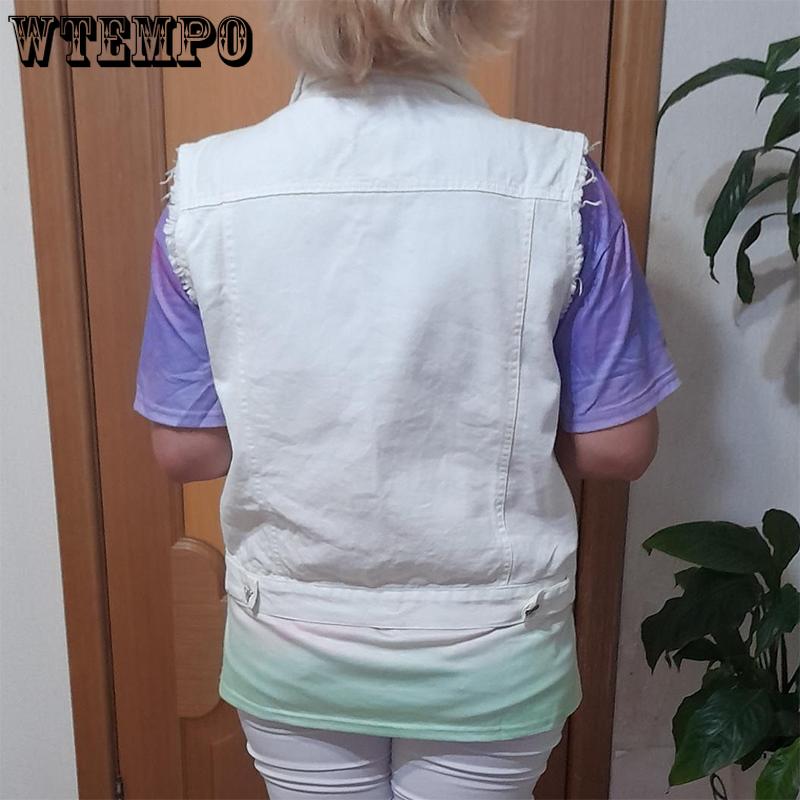 WTEMPO Wielokolorowa Casualowa Kamizelka Jeansowa Damska Moda Wiosna Lato Wszechstronna Slim Surowe Krawędzie Postrzępiona Bez Rękawów Krótkie Płaszcze