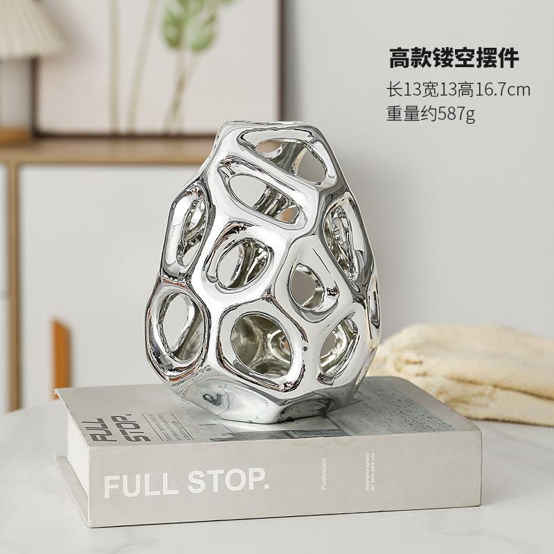 Electroplated Gold Ball Ornament Hollow Ceramic Vase Living Room Office Bookcase Ball Ornament Abstract Flower Arrangement Gifts