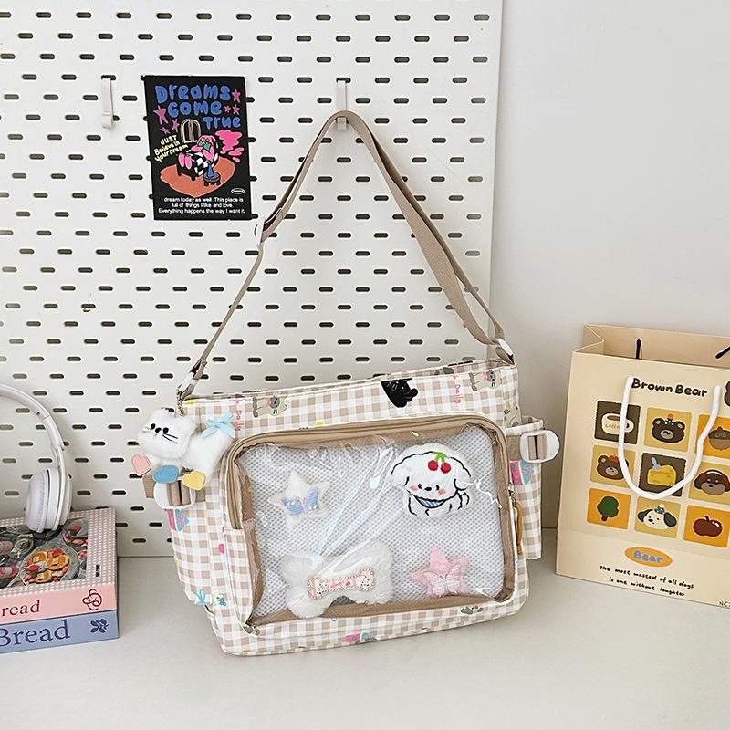 Japan Style Women Crossbody Bag Large Capacity Kawaii Girl Transparent Bar Pain Bag Fashion Checkered Student Class Shoulder Bag