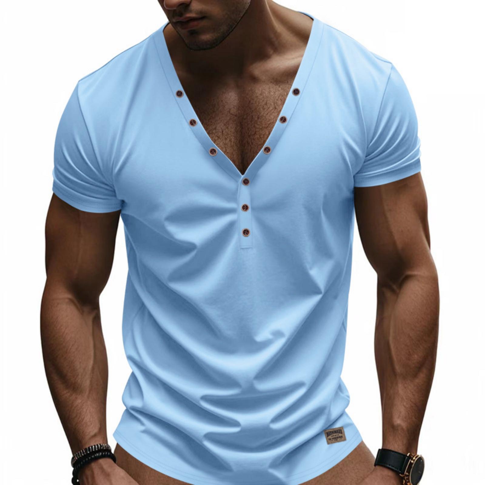 

Men s New Slim-fit Trendy Deep V-neck Multi-button Short-sleeve T-shir XL