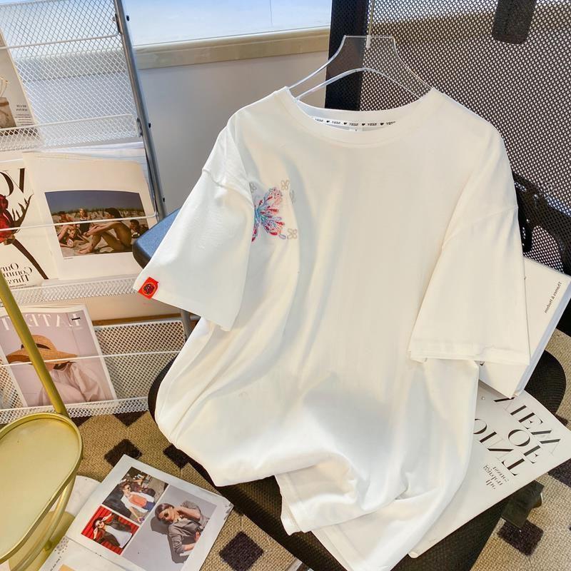 Chinese Style Embroidered T-shirt Summer Round Neck Loose Women's Short Sleeved Tee Butterfly Pattern Korean Casual Top