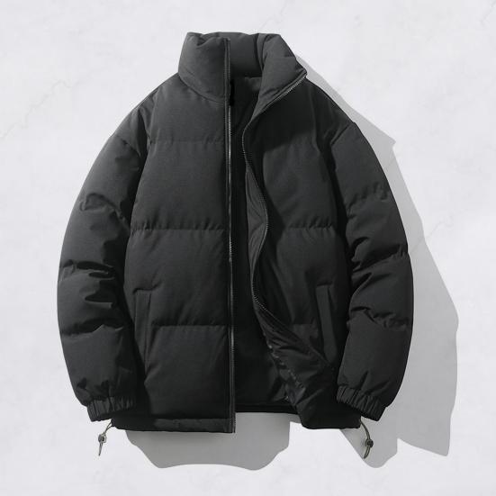 Women Men Cotton Coat Stand Collar Long Sleeve Drawstring Hem Puffer Jacket with Pockets Loose Fit Warm Winter Outerwear