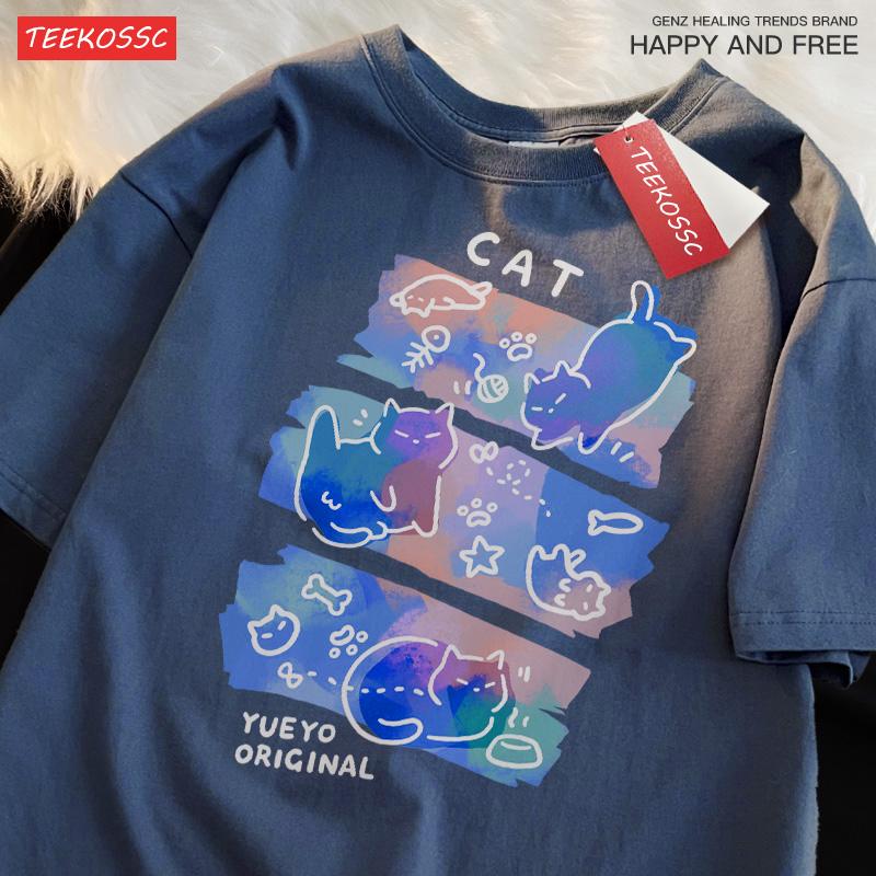 Buntes Drei Katzen Trendiges Lockeres und Atmungsaktives Reine Baumwolle Sommer Kurzarm T-Shirt Männer Frauen Verträumter Spaß Katze Niedliche Kleidung