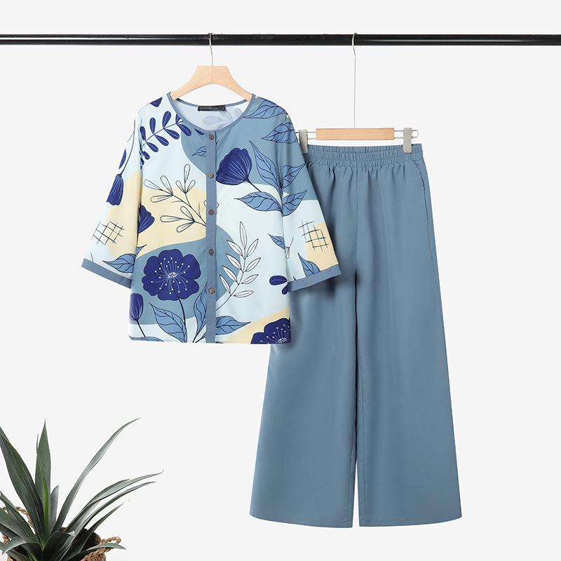 ZANZEA Women 3/4 Sleeve Print Blouse and Pants Casual Two Piece Suit Sets