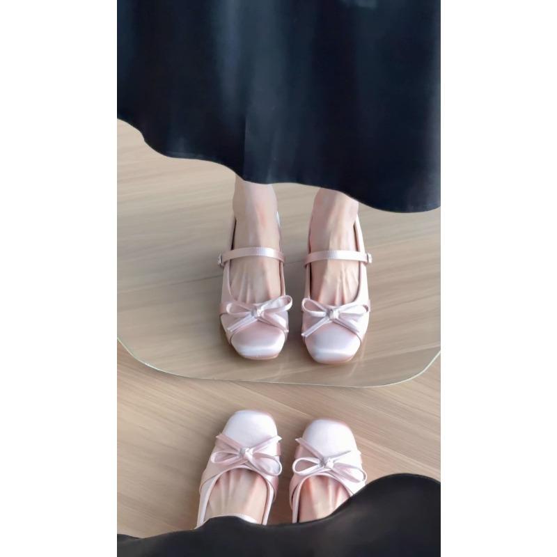 Inner height increase 7cm satin bow Mary Jane women's shoes high heel new thick heel single shoes ballet shoes