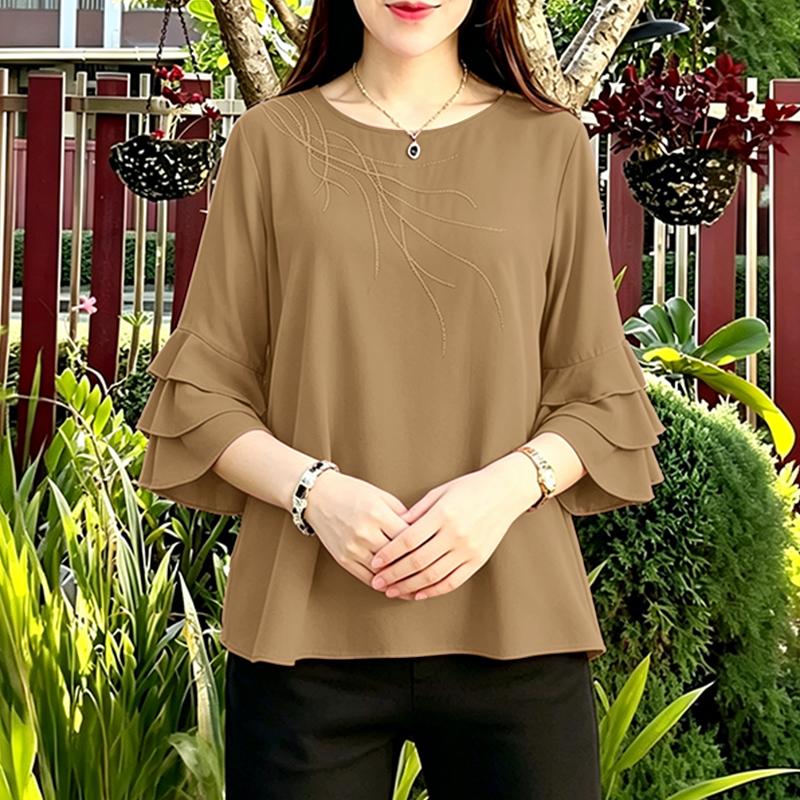 ZANZEA Women Casual Round Neck 3/4 Sleeve Embroidery Print Loose Blouse Ruffles 