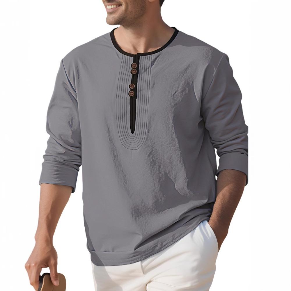Pánské módní tričko s límečkem henley 95% len s dlouhým rukávem podzimní volné ležérní prošívané tričko pánské oblečení