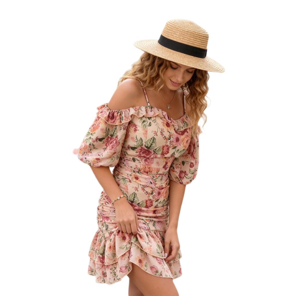 French floral dress women's summer new ruffle leaf edge bubble sleeve waist A word short skirt fresh and sweet