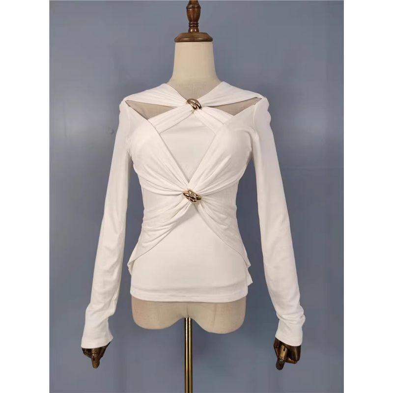 Foreign Trade Order In Home Sexy Gyaru Style Cross Kinked Metal Buckle Open Collarbone Design Long Sleeve Top Tight T-shirt