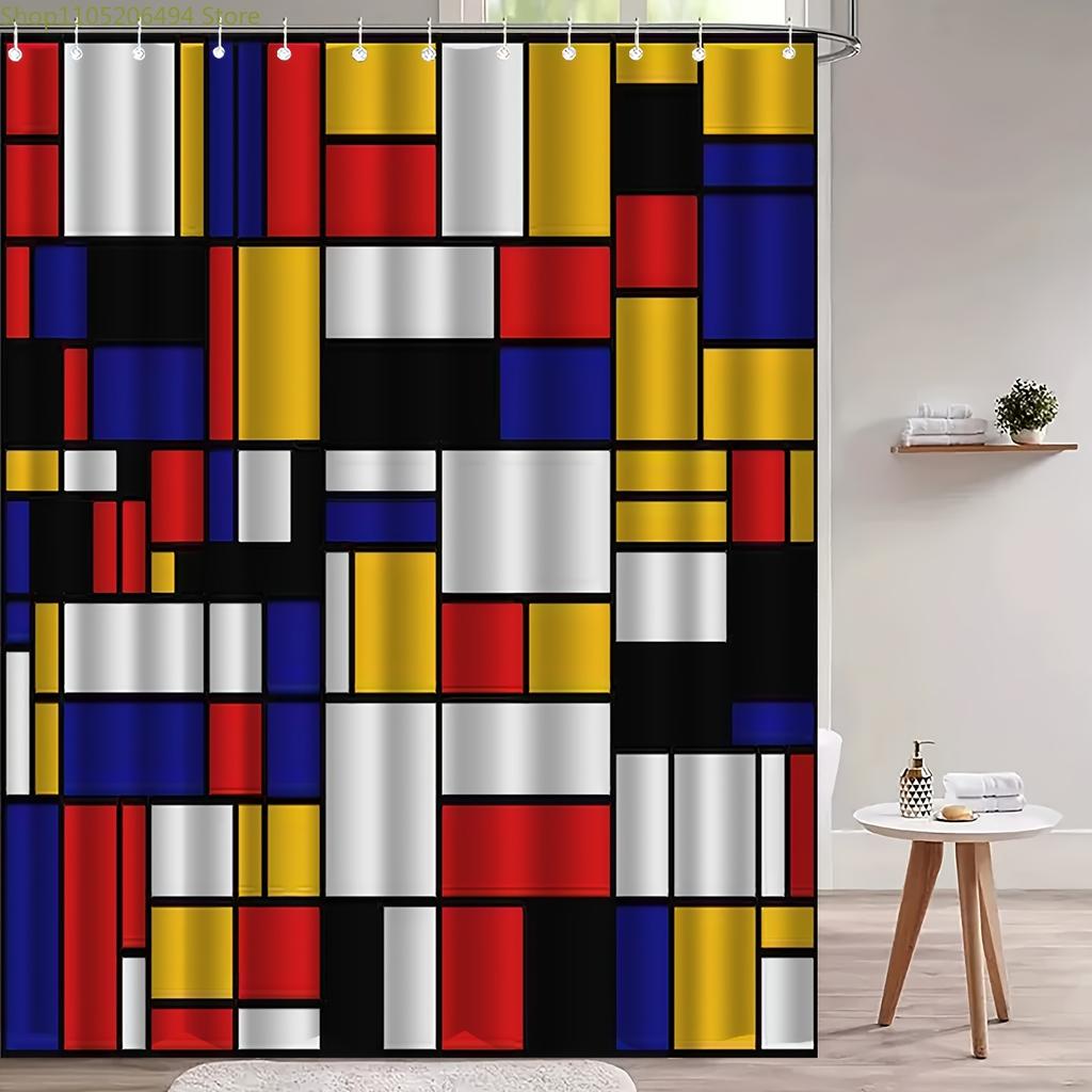 1pc Geometric Pattern Printed Shower Curtain, Suitable for Home Bathroom Decor, Easy Installation with 12 Hooks Polyester Fabr