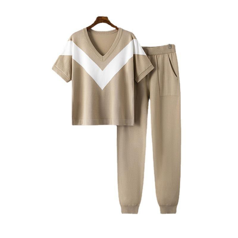 Summer New Two-piece Knitted Top + High-waisted Foot Fashion Suit