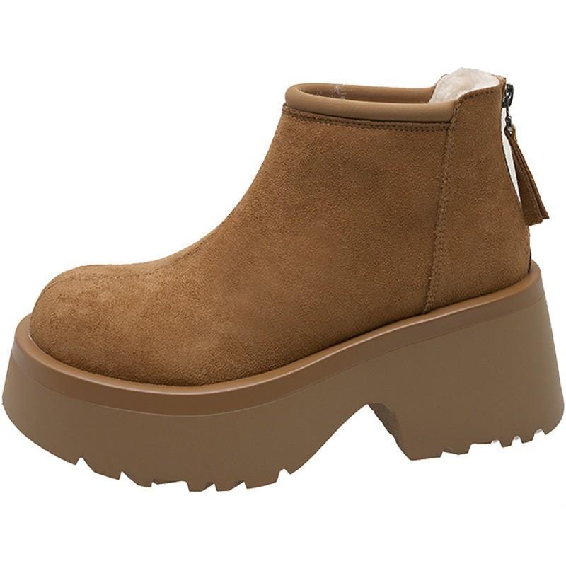 Brown thick-soled thick-heeled cotton shoes women's winter velvet thickened small short boots waterproof and non-slip snow boots