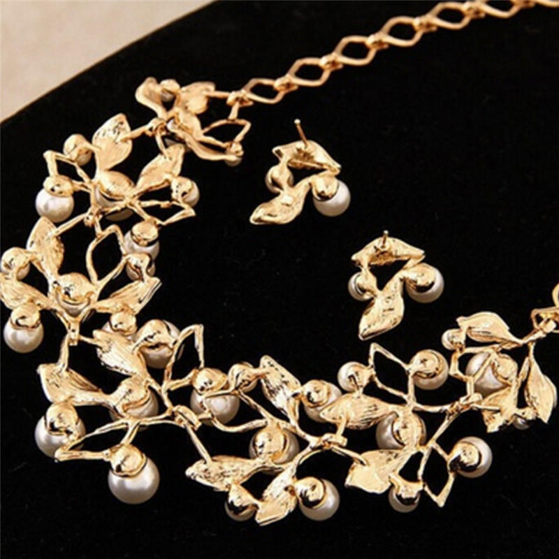 Pearls  Tree Leaves Necklace Earring  Elegant Ladies Luxury Jewelry Set