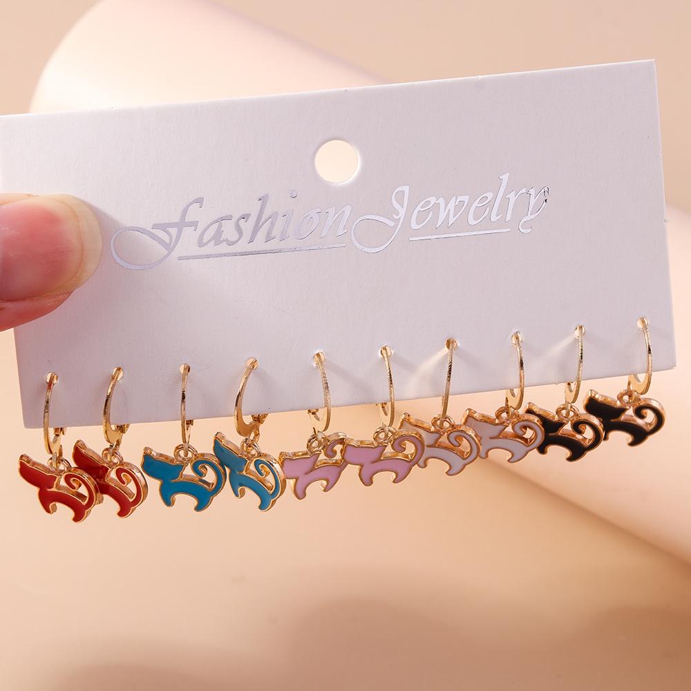5pcs/Set Cute Enamel Cat Earrings for Women Girls Cartoon Animal Dangle Earrings Party Holiday Jewelry Gifts