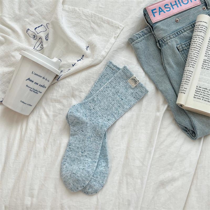 Ladies Spring and Autumn Retro Color Striped Cloth Logo Kitten Embroidery Medium Tube Pile Socks