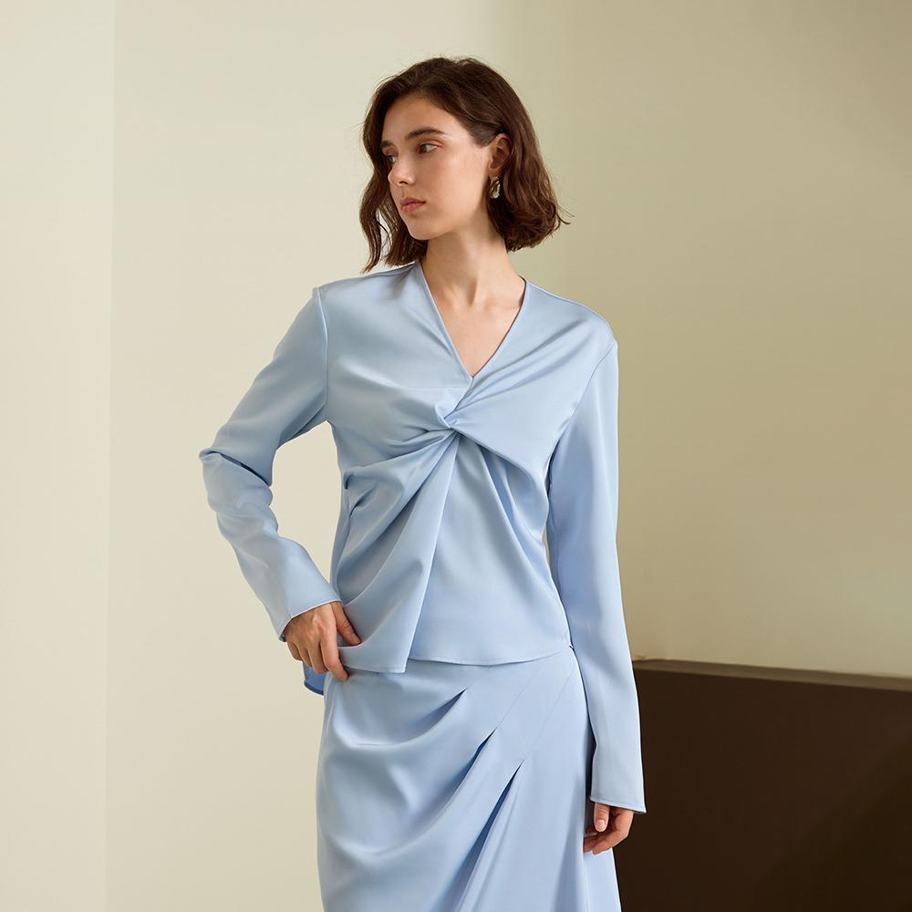 Waiwaiaiem Yy_Blue Elegant Pleated V-Neck Shirt