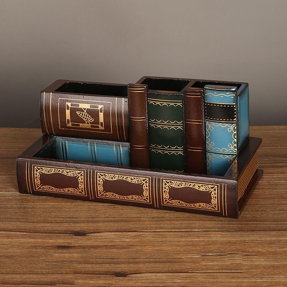 Organizer Desktop Decoration Drawers Stationery Holder Book Shape Pen Holder Pen Case Retro Wood