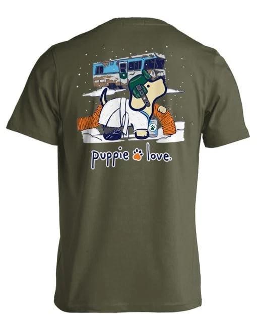 Puppie Love Christmas T-Shirt, RV Pup, Military Green, Casual Short Sleeve 3XL