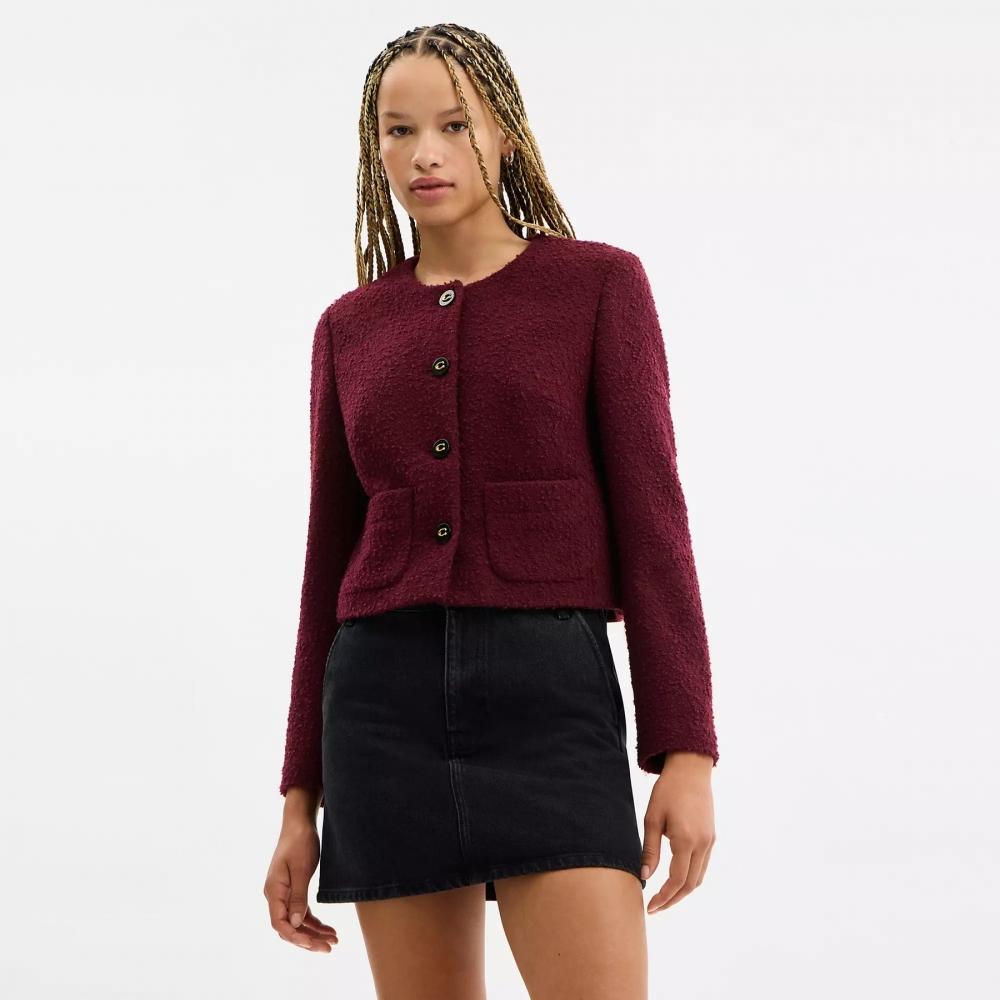 Coach Boucle Cardigan Jacket Burgundy
