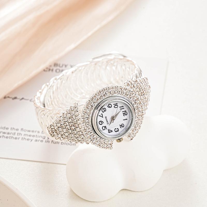 Women Elegant Bling Rhinestone Bangle Wrist Watch Metal Strap Quartz Analog Timepiece for Bridal Shower Gift Date Wear