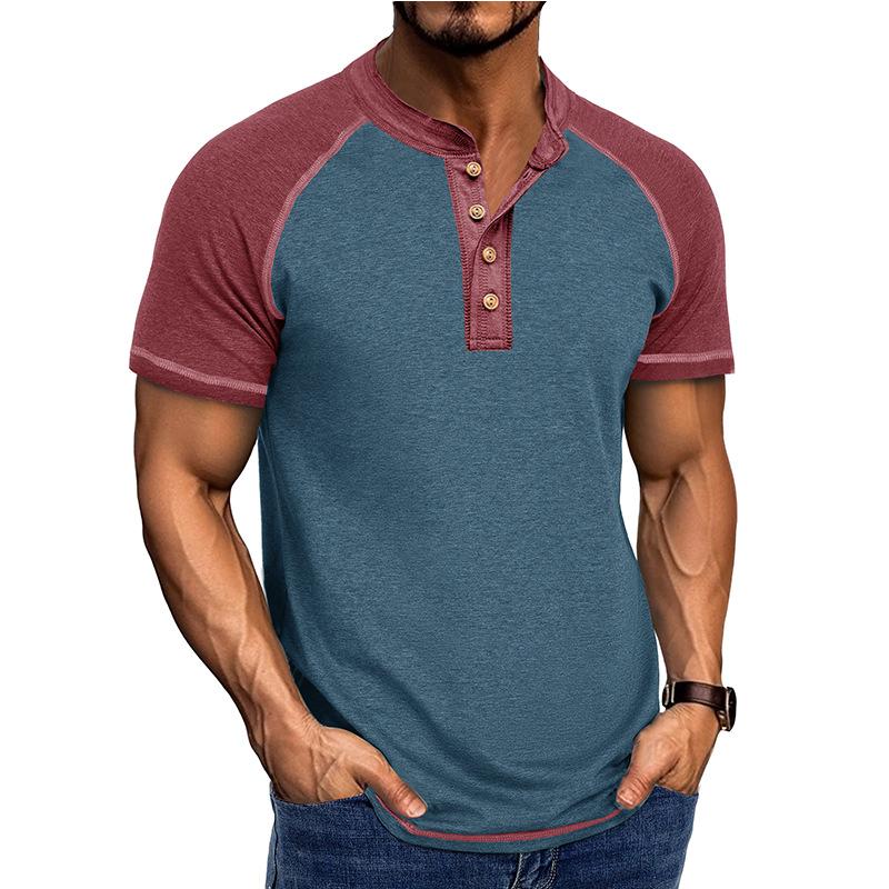 Men's Summer Short Sleeve T-Shirt Fashion Patchwork Henry Collar Button Casual Tees Tops