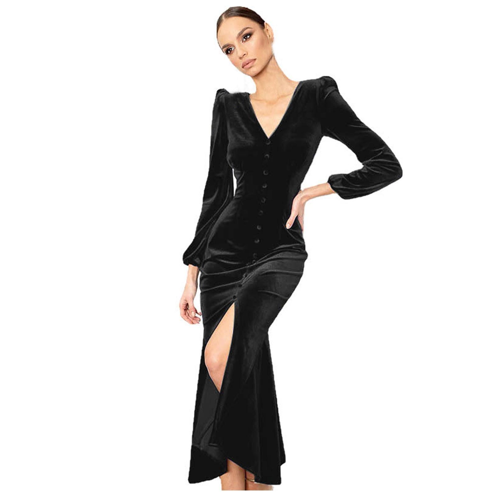 

Ladies V-neck Shoulder Pad Long Sleeve Dress Women s Intellectual Temperament Dress XL чорний